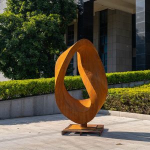 Modern corroded metal time ring sculpture