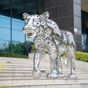 Leopard Sculpture Large Square Outdoor Mirror Polished Stainless Steel Sculpture
